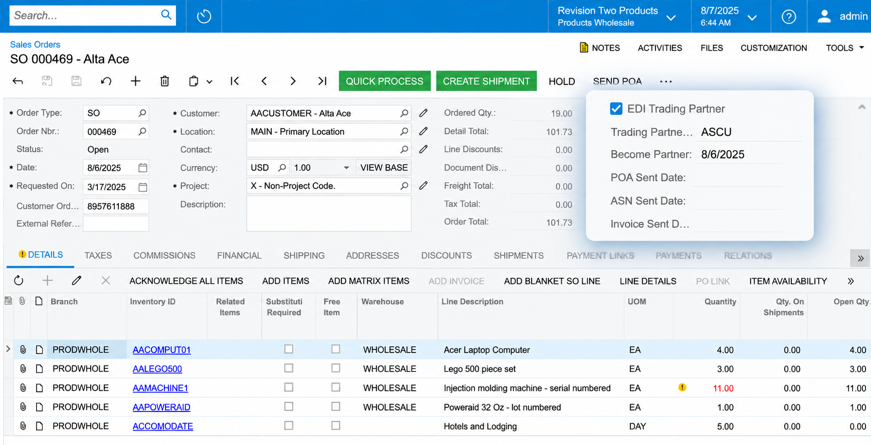 An Acumatica sales order populated from EDI, showing the trading partner, order lines, quantities, prices and warehouse.